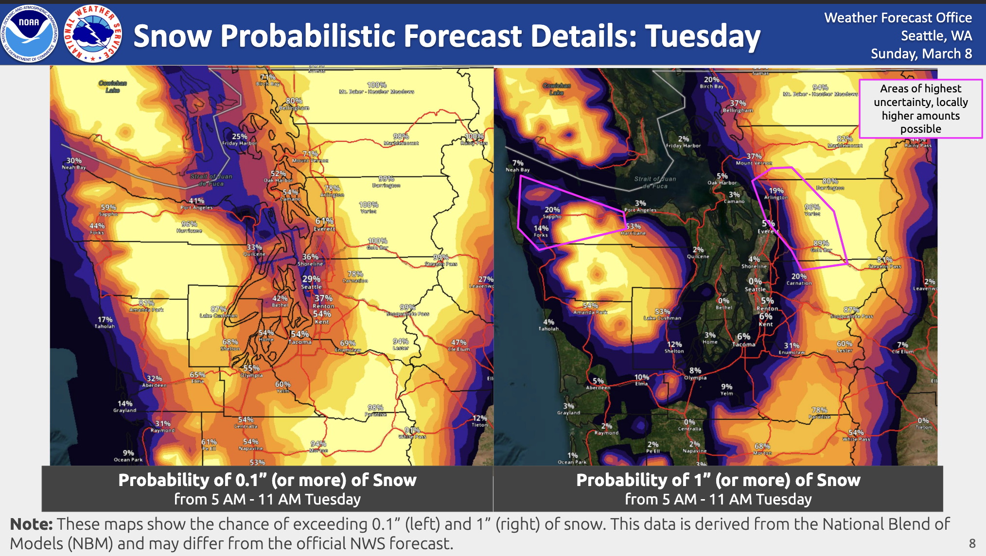 Probability of 0.1" and 1.0" of snowfall in Western Washington on Tuesday morning (Via National Weather Service, Seattle)