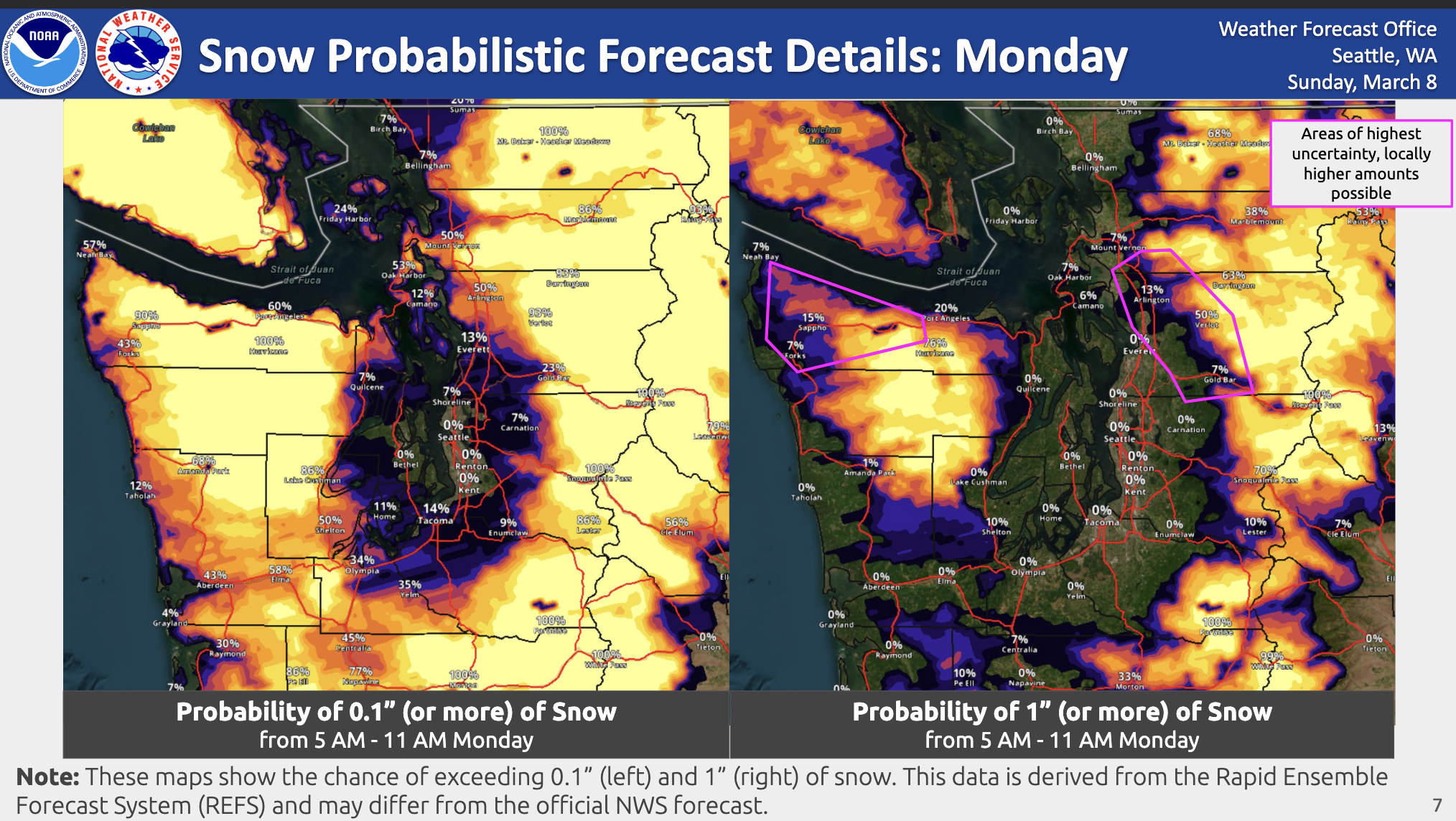 Probability of 0.1" and 1.0" of snowfall in Western Washington on Monday morning (Via National Weather Service, Seattle)