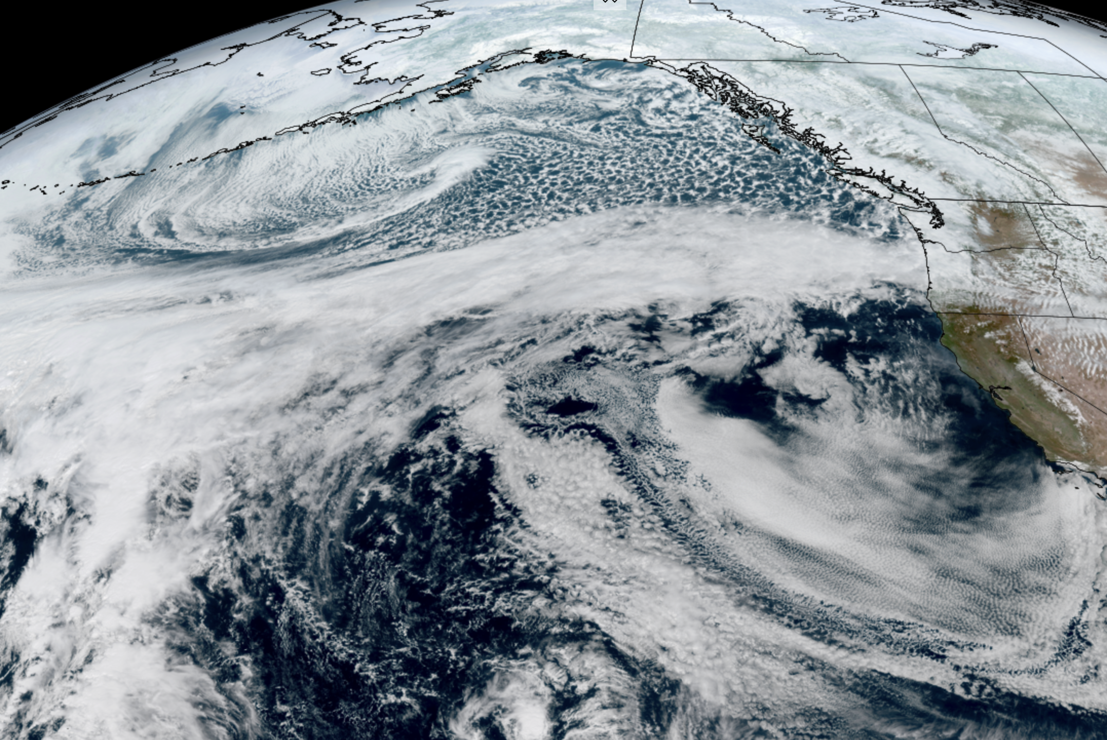 GOES-18 Satellite image showing large slug of moisture moving across the Pacific Ocean via strong jet stream and heading toward the Pacific NW.