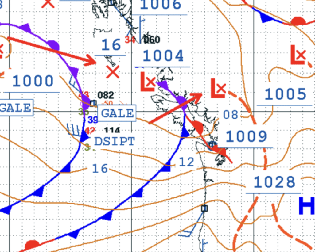 Pacific Surface Chart for Wednesday evening showing a 1004 mb low coming into Vancouver Island