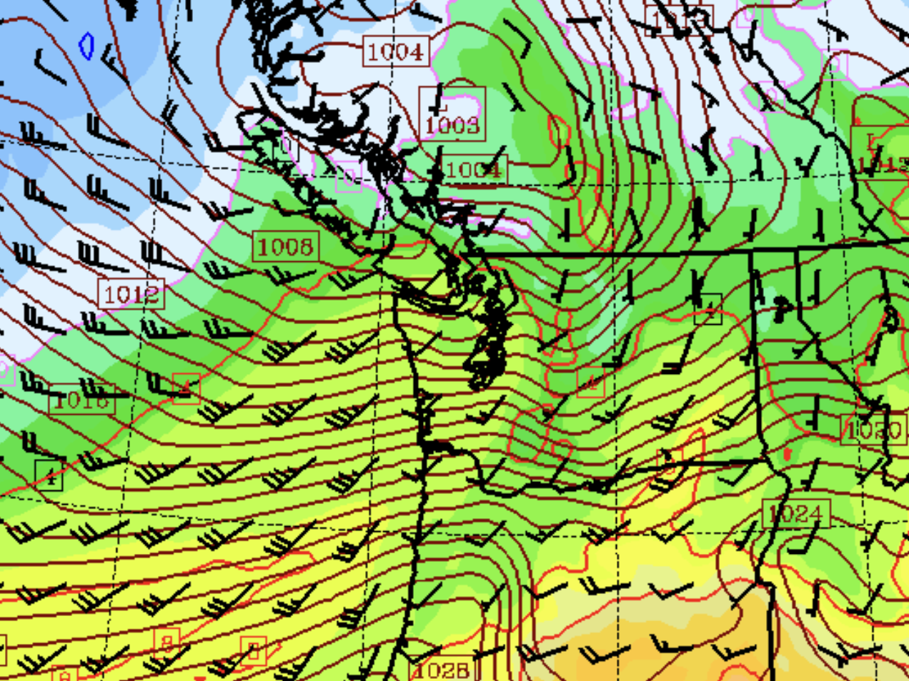 UW-WRF-GFS model indicating a 1002-1004 mb low coming into Vancouver Island