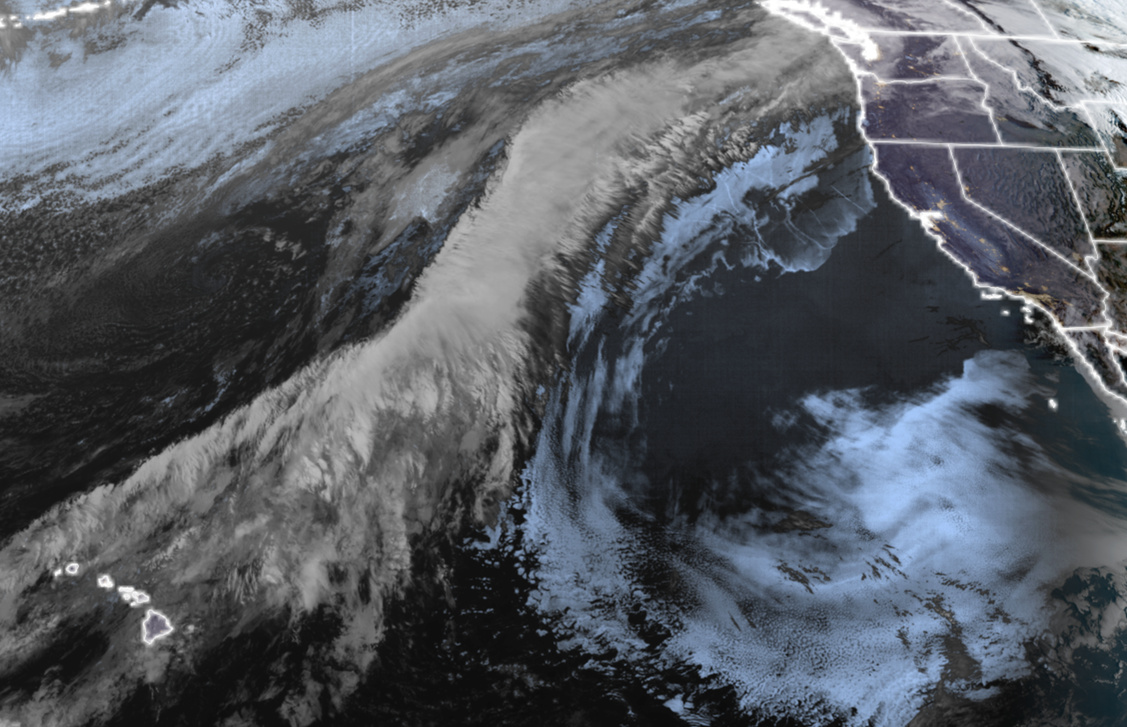 GOES-18 Satellite image on March 17, 2026 showing Pineapple Express plume stretching from Hawaii into the Pacific Northwest.