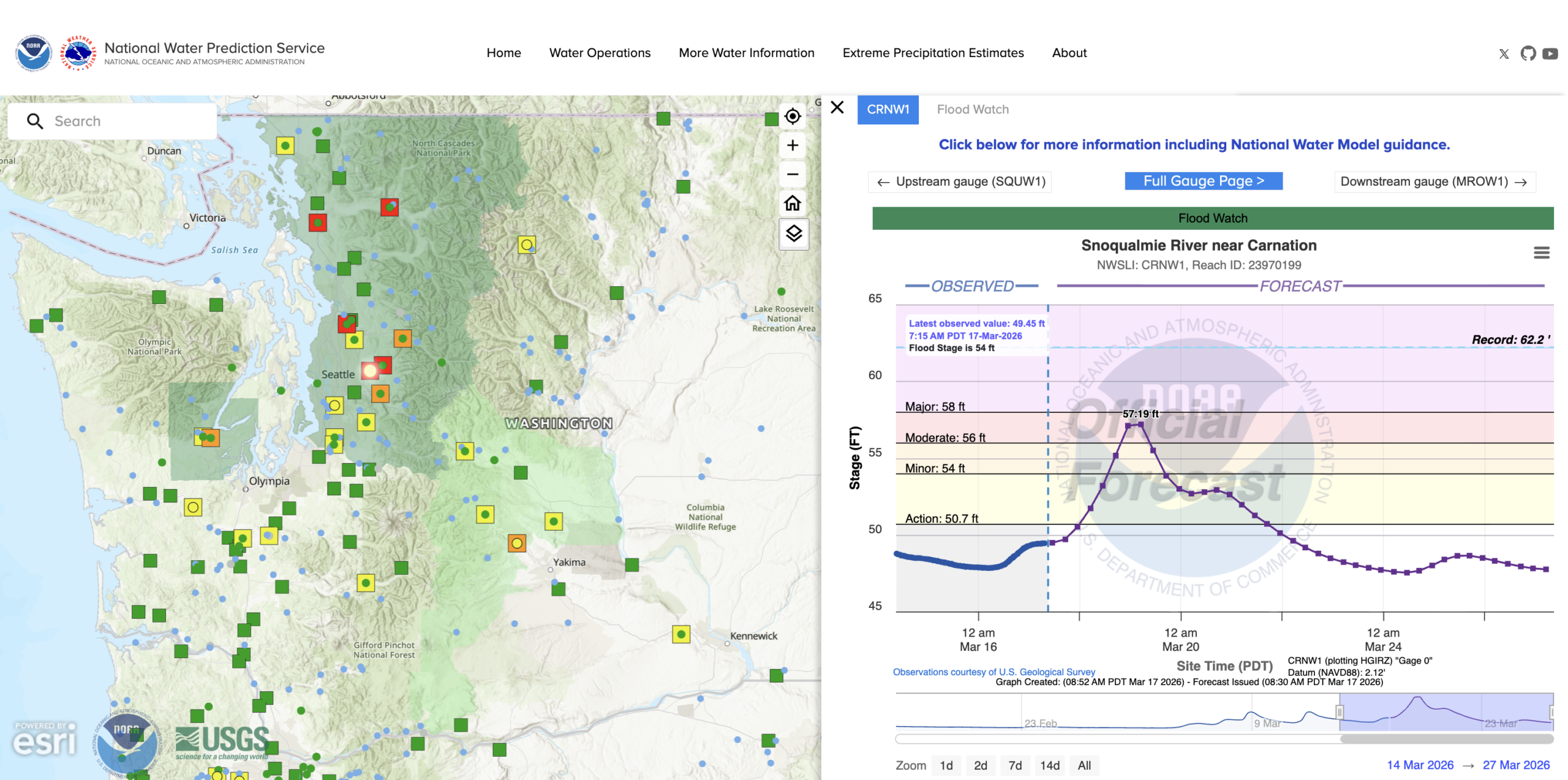 NOAA river forecast page for Western Washington as of the morning of March 17.