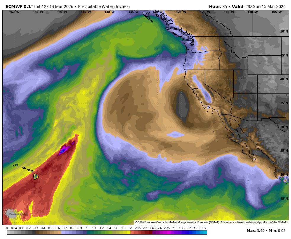 ECMWF version of similar tropical moisture plume illustrating its Hawaiian origin. This is Wednesday.