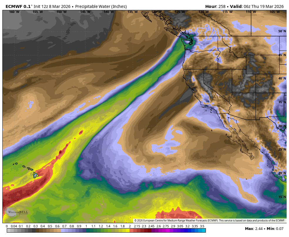 ECMWF model forecasting a plume of tropical moisture coming in from Hawaii early next week. (Pineapple Express?)