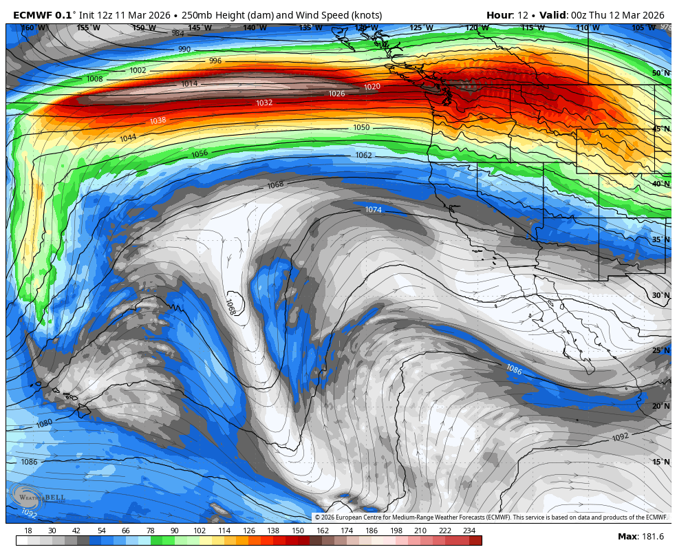 ECMWF model showing 250 mb (about 34,000 feet) wind speeds in knots for Wednesday (Jet stream is the faster red/brown speeds)