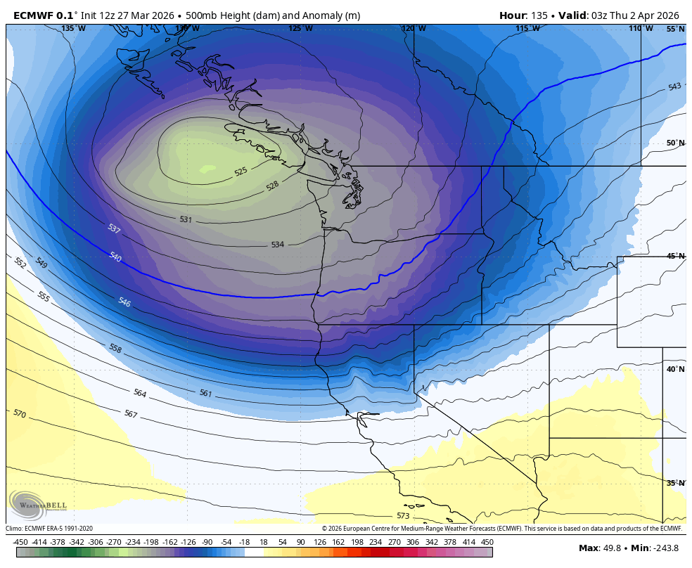 ECMWF plot for midweek showing a cool trough over the Pacific Northwest