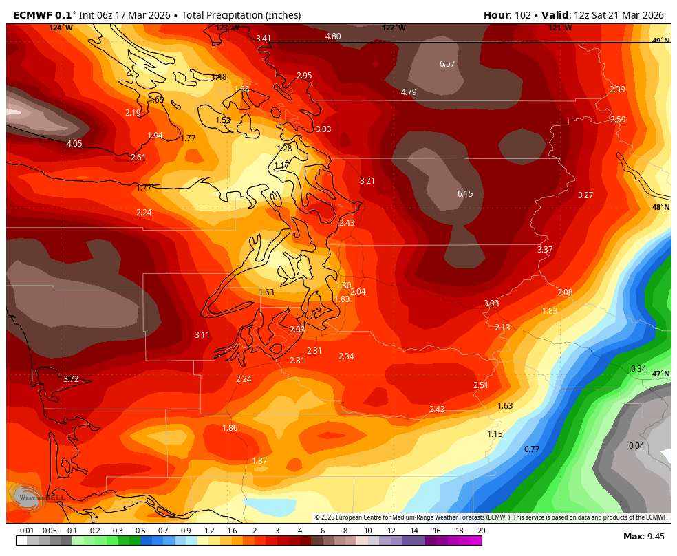ECMWF predicted total rainfall through Saturday morning.