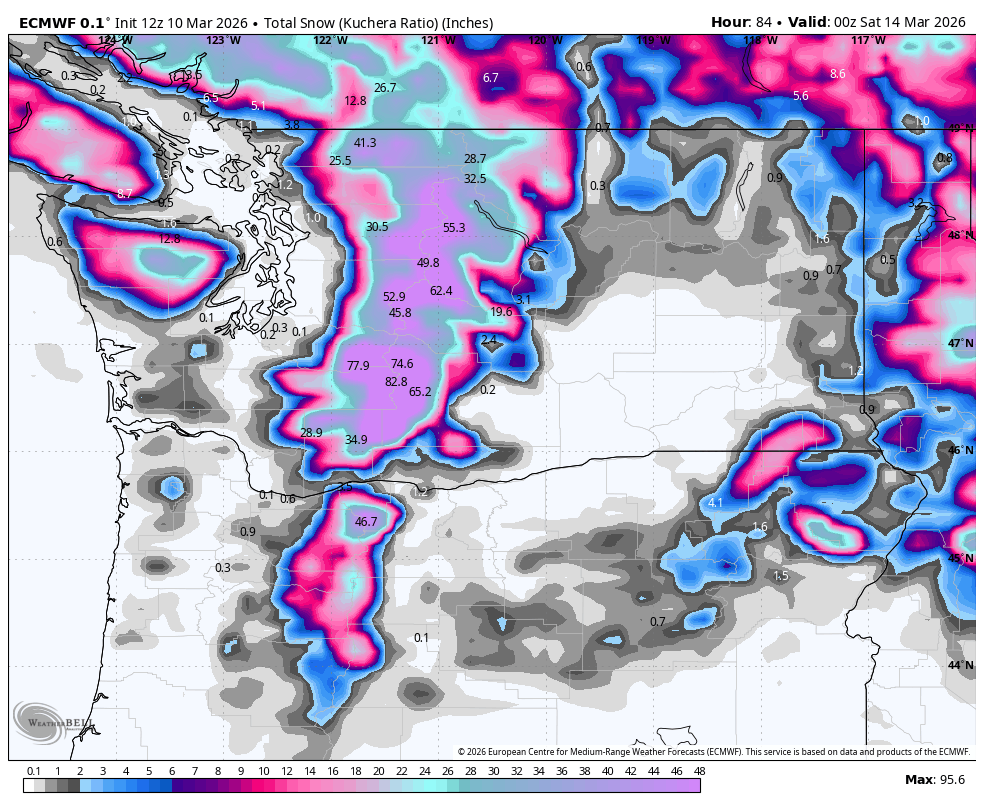 ECMWF predicted snowfall through the end of the week.