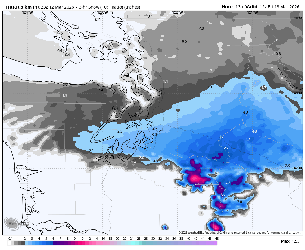 HRRR 3-hour snowfall map for Friday early morning. (NOTE: These calculations do not factor in warm ground temps that would melt much of this snow on impact but gives an idea where snowfall may be the heaviest)