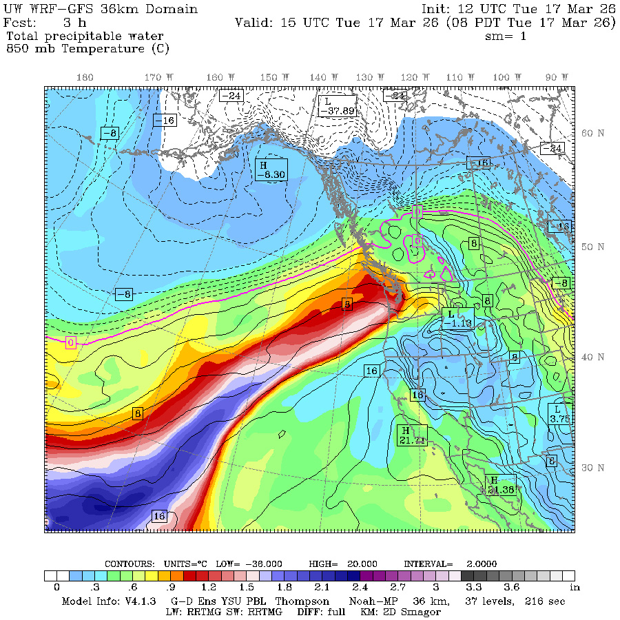 UW WRF-GFS map showing plume of tropical moisture heading into the Pacific Northwest.