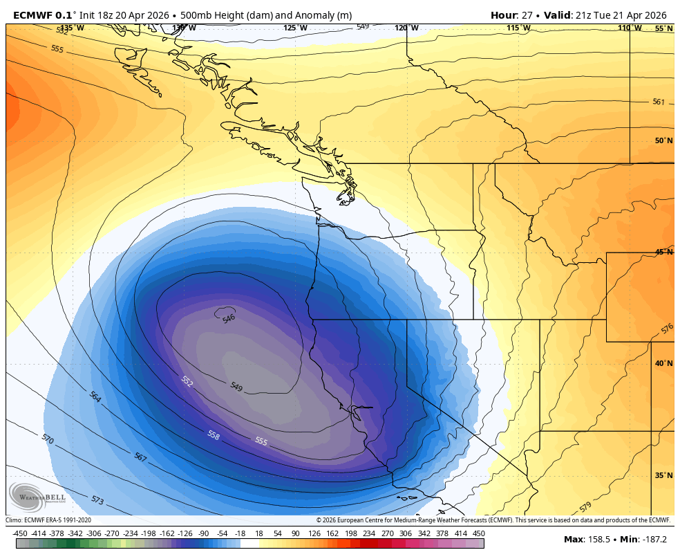 ECMWF map of 500 mb heights showing a broad low pressure area off the CA coast.