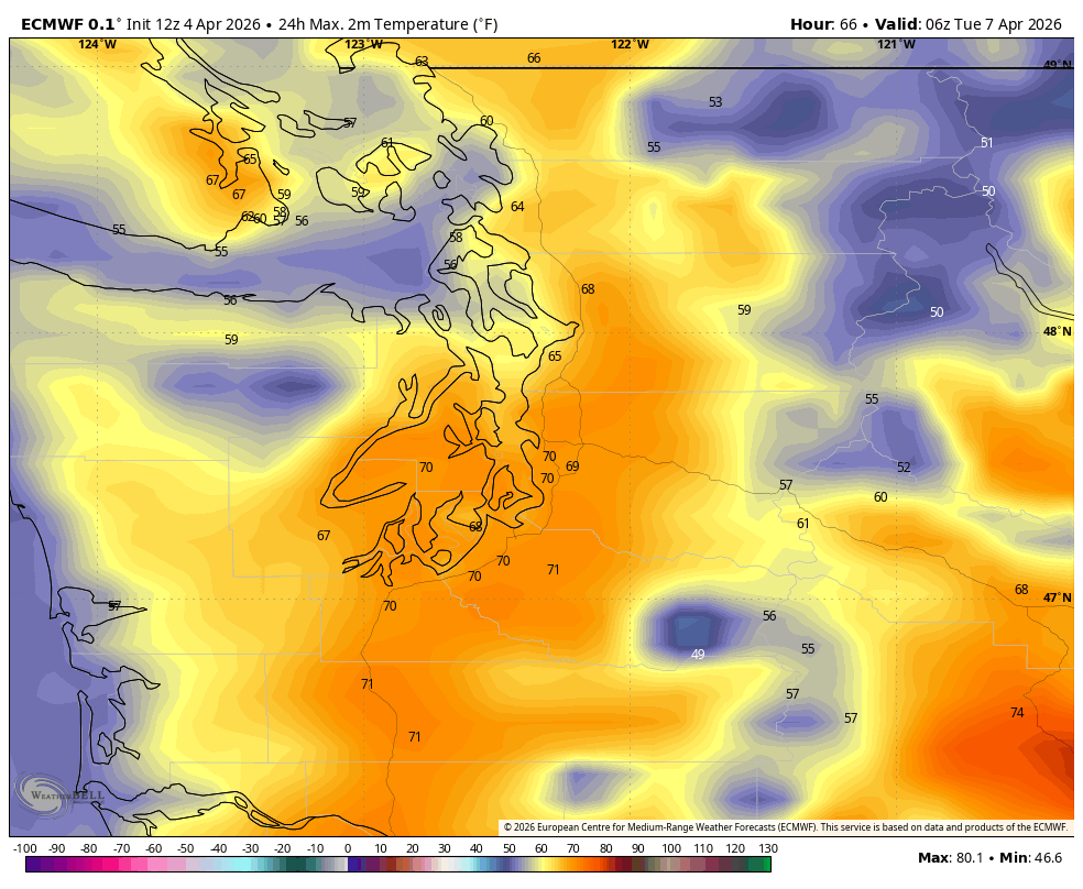 ECMWF predicted max temperatures on Monday.