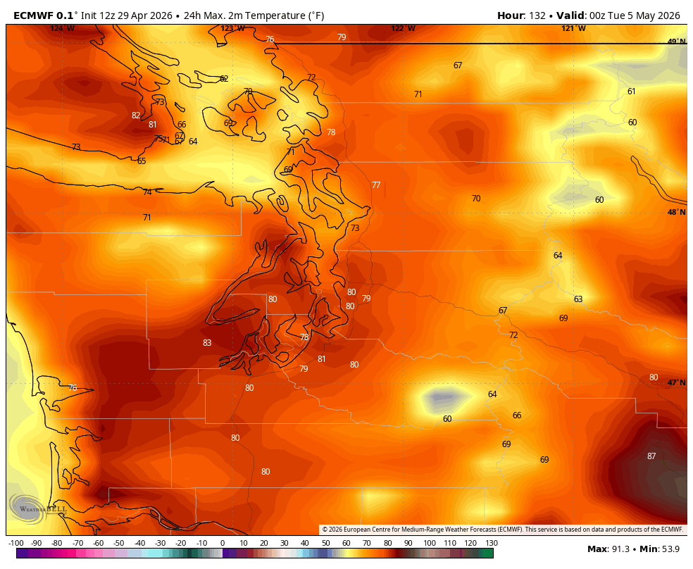 ECMWF forecast model showing (finally) highs of 80 degrees in Seattle on Monday.