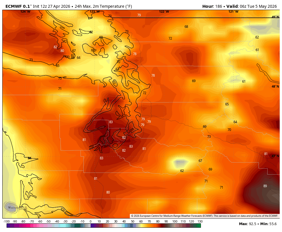 ECMWF predicted max temps for next Monday.