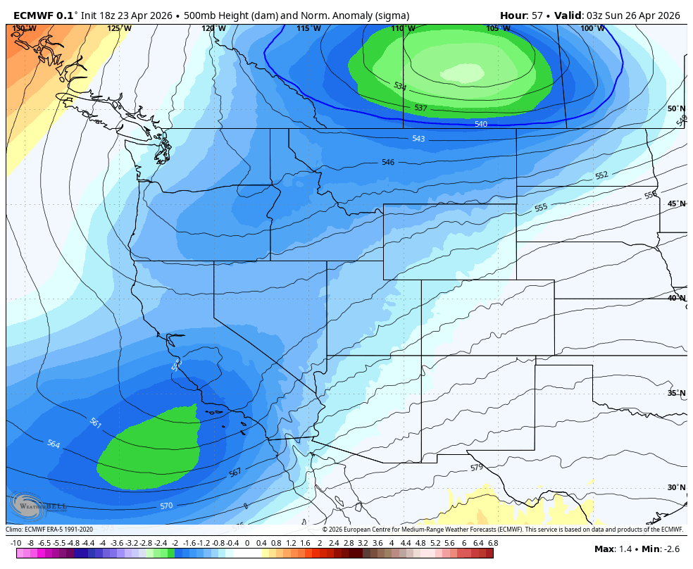 ECMWF 500 mb heights anomaly chart showing a low pressure are heading into Southern California this weekend.