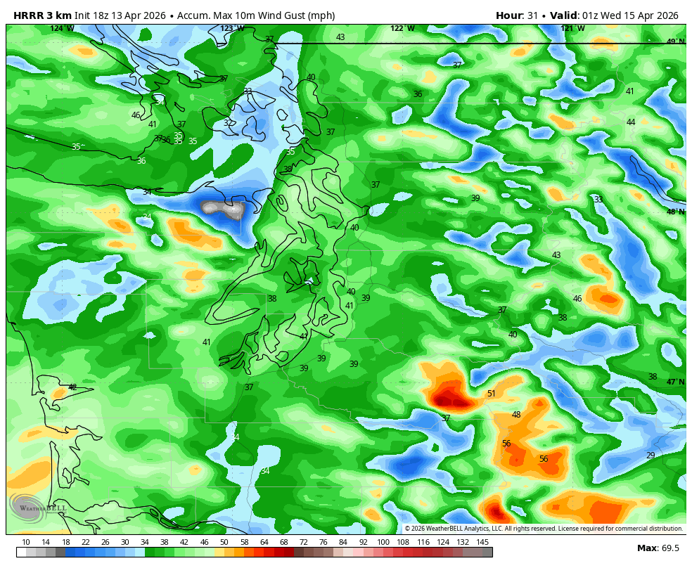 HRRR model projection of peak wind gusts by Tuesday evening.