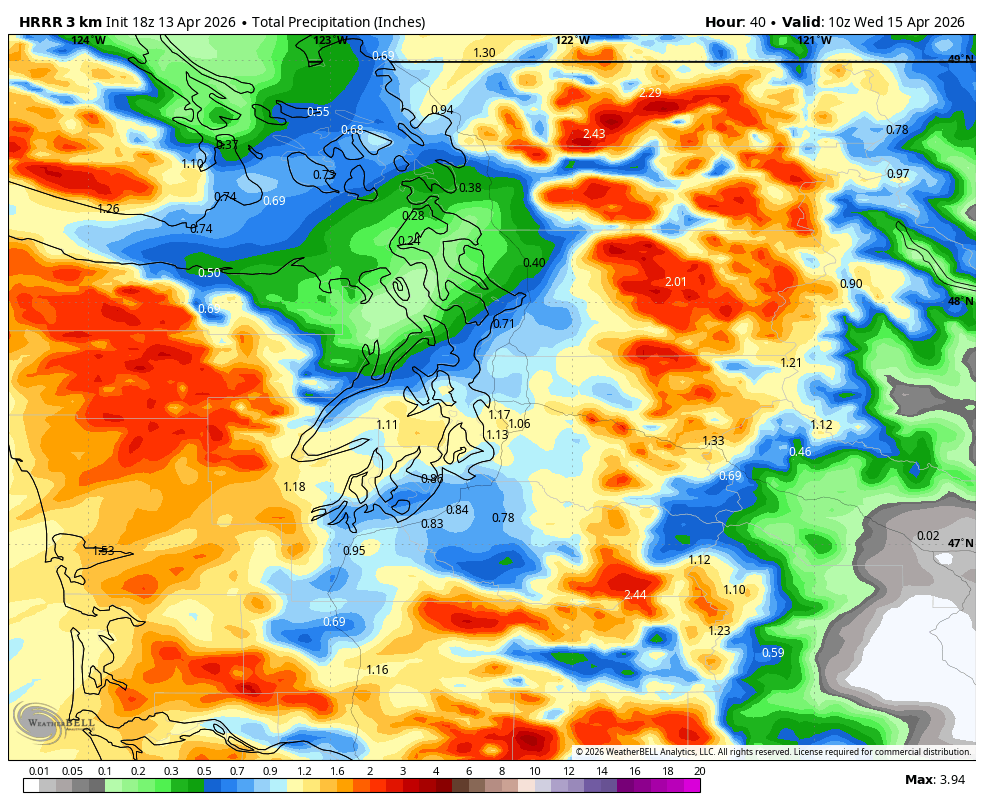 HRRR model projection of total rain through Wednesday morning.