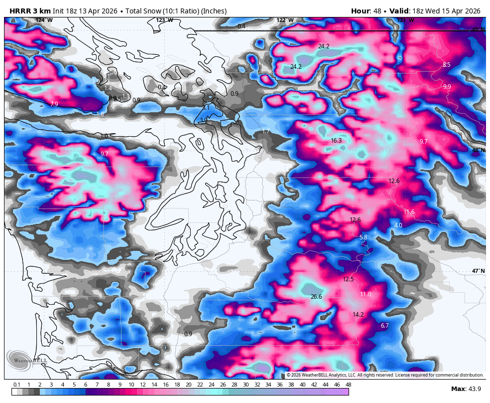 HRRR model projection of total snow through Wednesday morning.