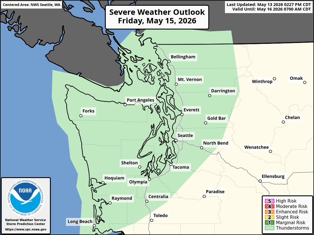 NOAA Storm Prediction Center's general thunderstorm risk map for Friday. (Light green = non severe thunderstorm risk)