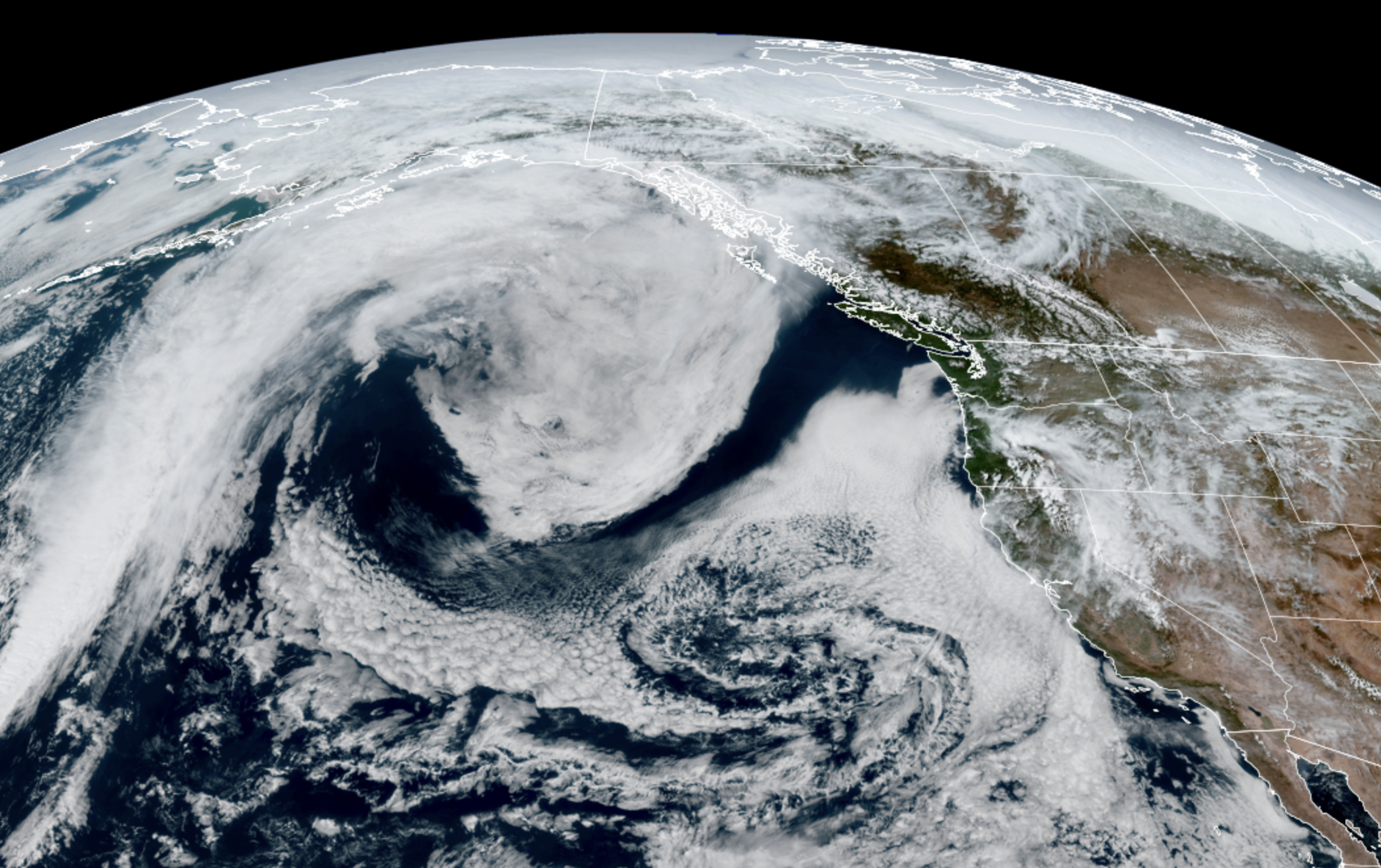 GOES-18 satellite image from May 2 showing... I dunno an inverse Bass Clef or something? (NOAA / CIRA / RAAM-B)