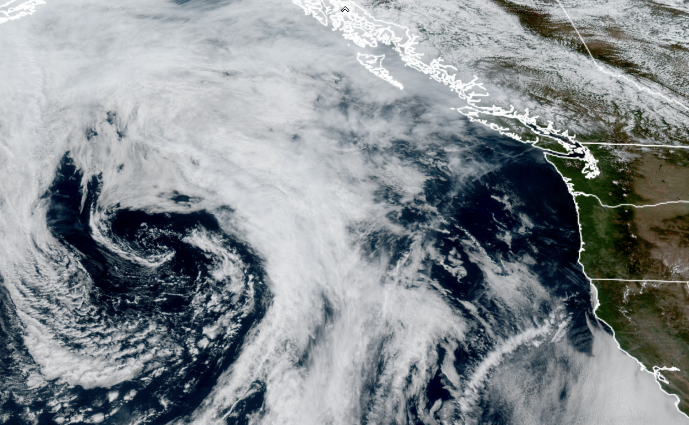 GOES 18 Satellite image from May 11, 2026 showing a low pressure center off the West Coast heading toward Oregon. (NOAA / RAAM-B / CIRA)