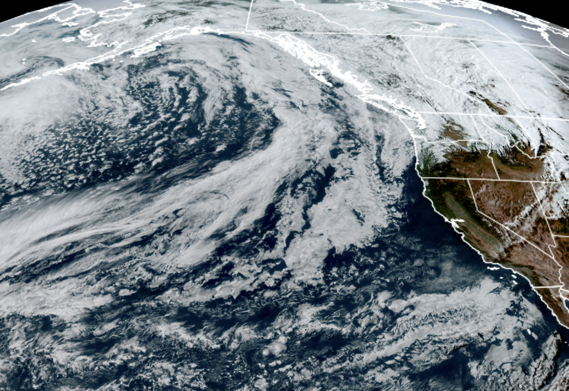 GOES-18 satellite image from May 13, 2026 showing plenty of storm activity out in the Pacific Ocean with our name on it. (NOAA / CIRA / RAAM-B)