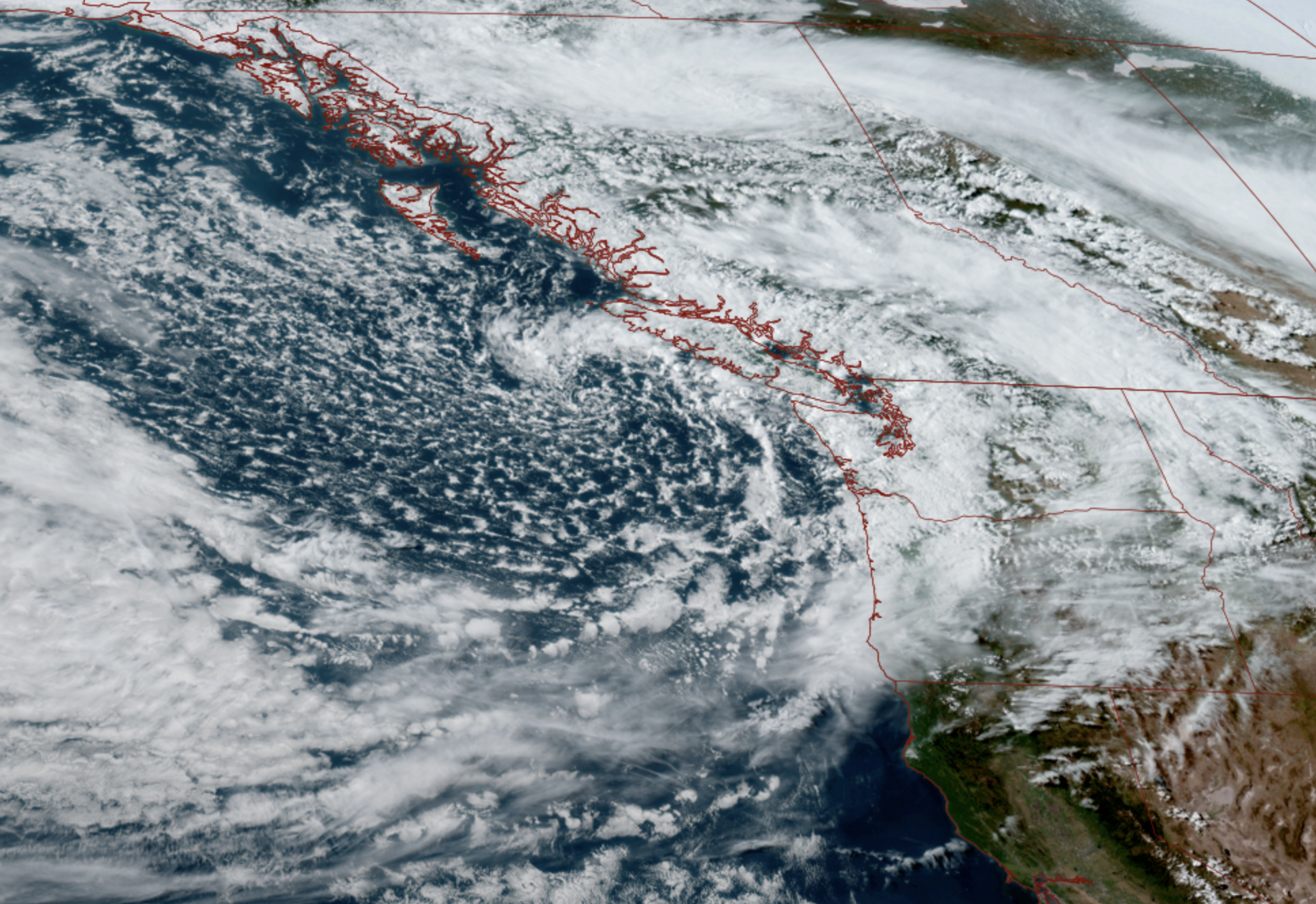 GOES 18 satellite image for May 15, 2026 showing a cold swirling low pressure center just to the Northwest of Washington. (NOAA / CIRA / RAAM-B)