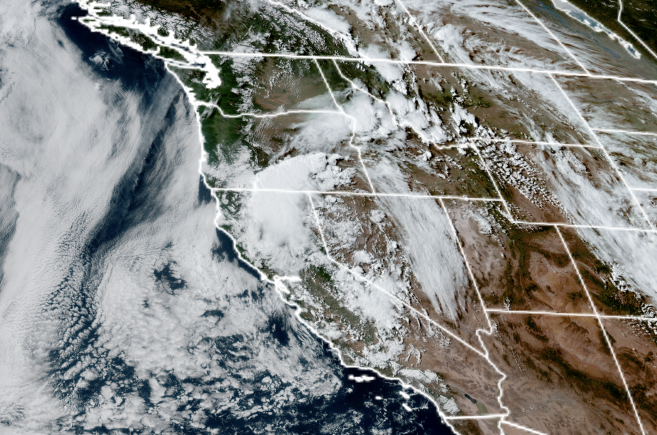 GOES-18 satellite of swirling low pressure center in California that will rotate thunderstorms into the Inland Northwest on Thursday. (NOAA / CIRA / RAAM-B)