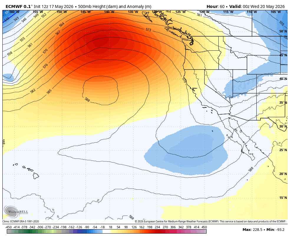 ECMWF model of 500 mb heights showing a ridge of high pressure (that orange blob) parked in the sweet spot off our coast.