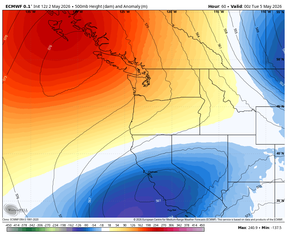 ECMWF model showing 500 mb height anomaly for Monday.