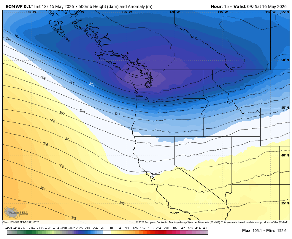 ECMWF 500 mb height anomaly showing the cold low pressure center heading right over Washington on Saturday.