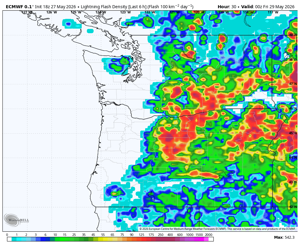 ECMWF model showing 6-hour accumulated lightning strikes by late Thursday.