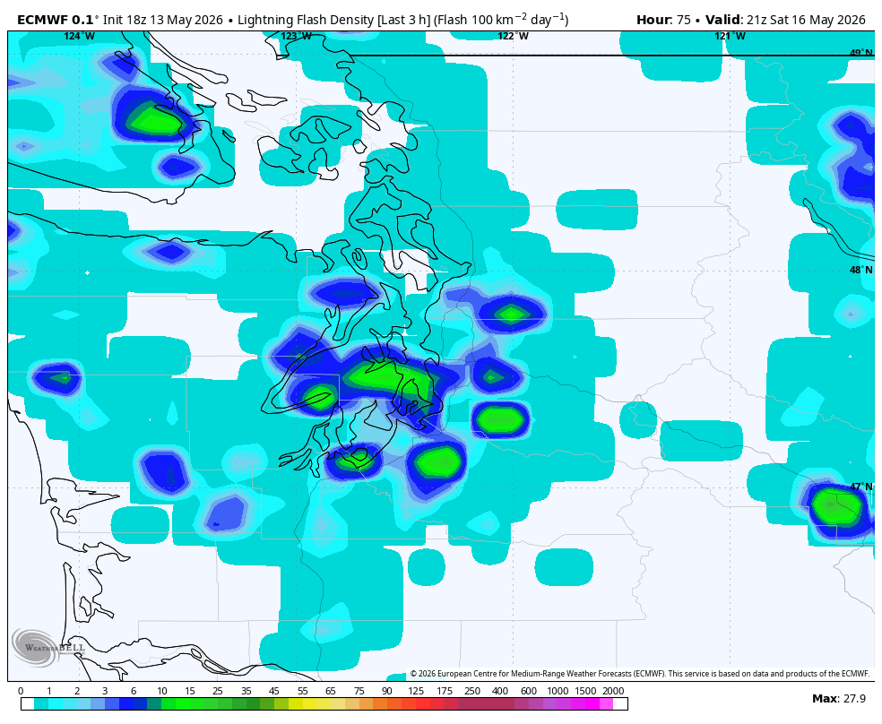 ECMWF model showing predicted lightning for Saturday.