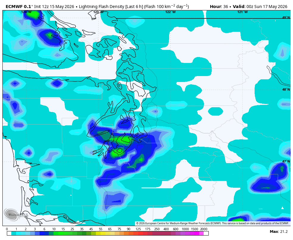 HRRR model showing potential lightning concentration on Saturday afternoon.