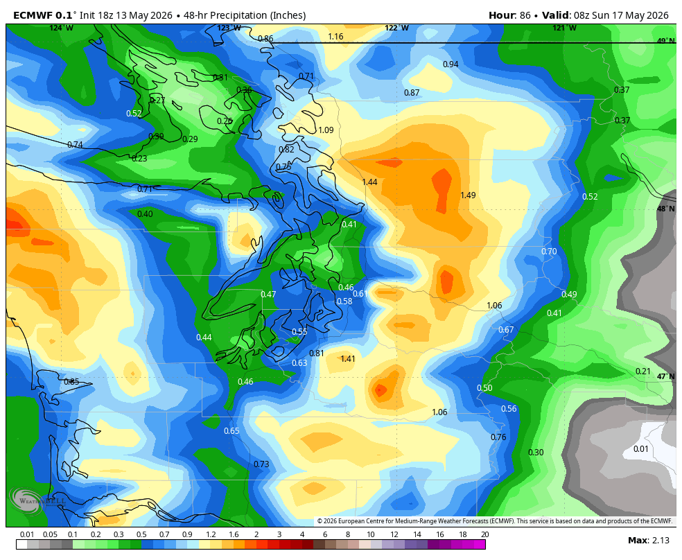 ECMWF model showing predicted 48 hour rainfall totals through Saturday night.
