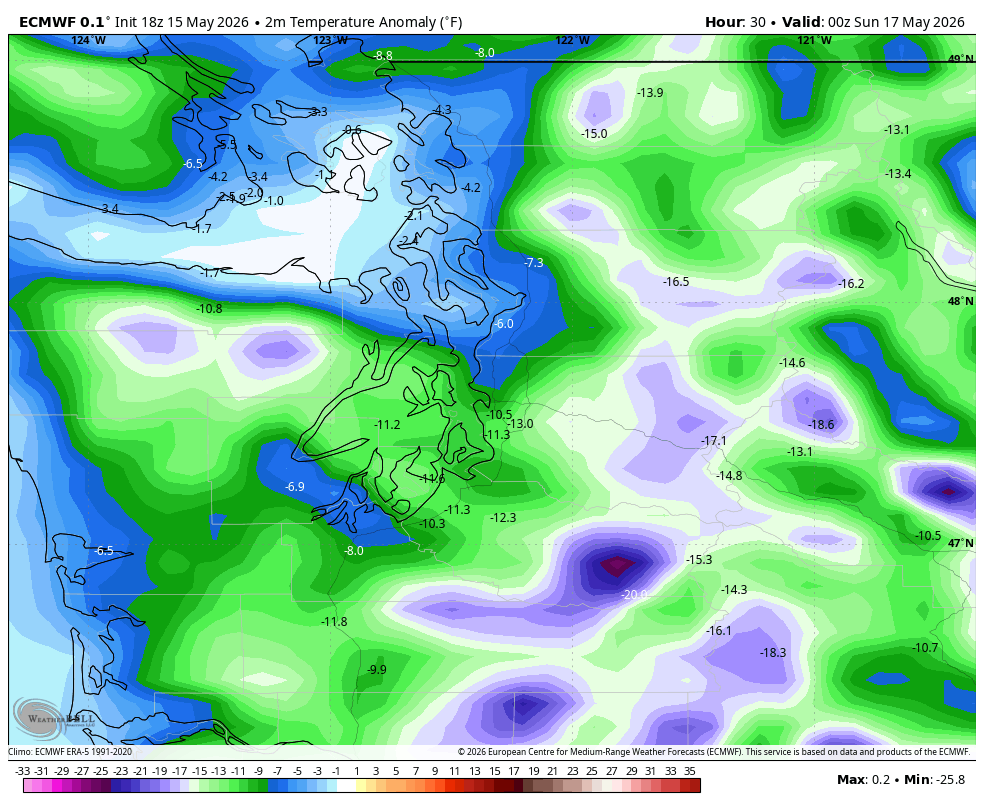 ECMWF predicted temperature anomalies for Saturday afternoon (Degrees F)