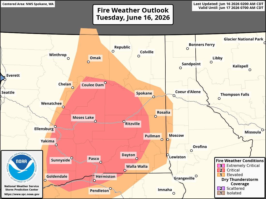 Fire Weather Danger in Eastern WA for June 16, 2026