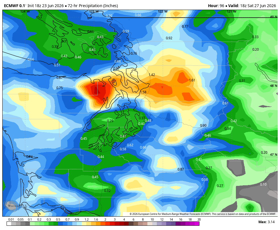 ECMWF 72 hour rainfall forecast from Thursday night through Saturday.