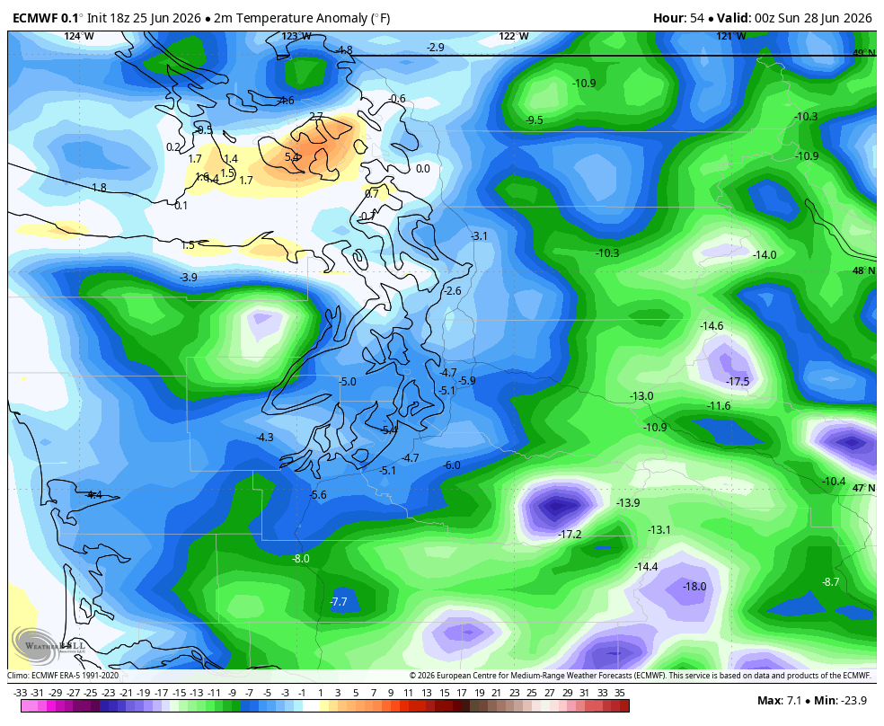 ECMWF forecast temperature anomaly for Saturday