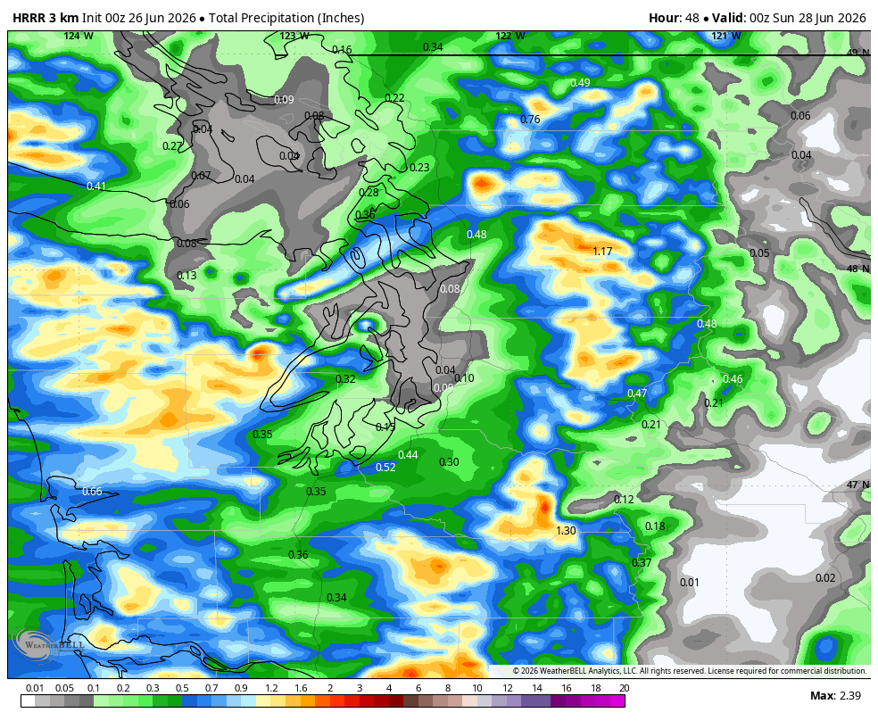 HRRR predicted total rainfall through Saturday afternoon.