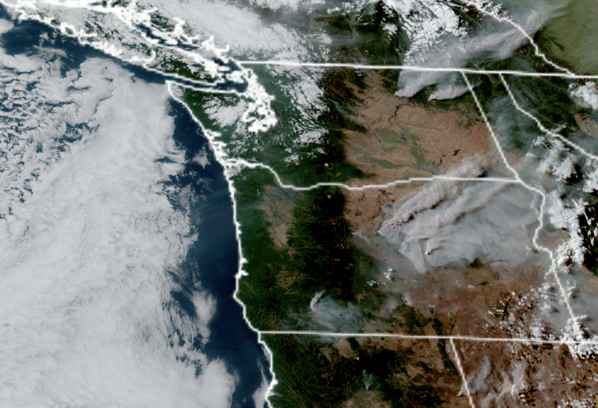 Zoomed in GOES 18 satellite image showing smoke from wildfires sitting in B.C., northeastern Washington and eastern Oregon.