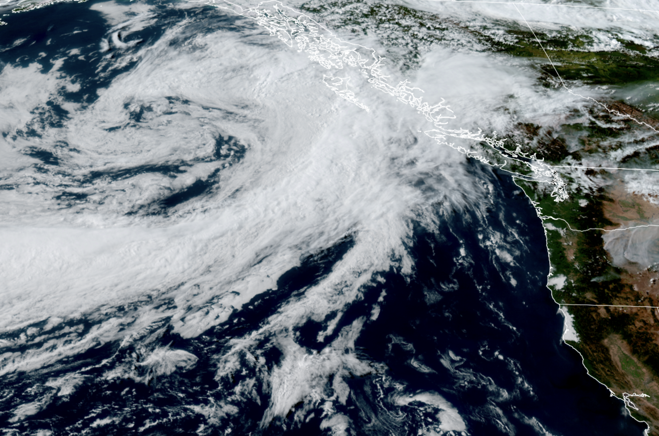 GOES 18 satellite image showing large low pressure center off the B.C. coast and its approaching cold front on Jjuly 29, 2026. (NOAA / CIRA / RAAM-B)