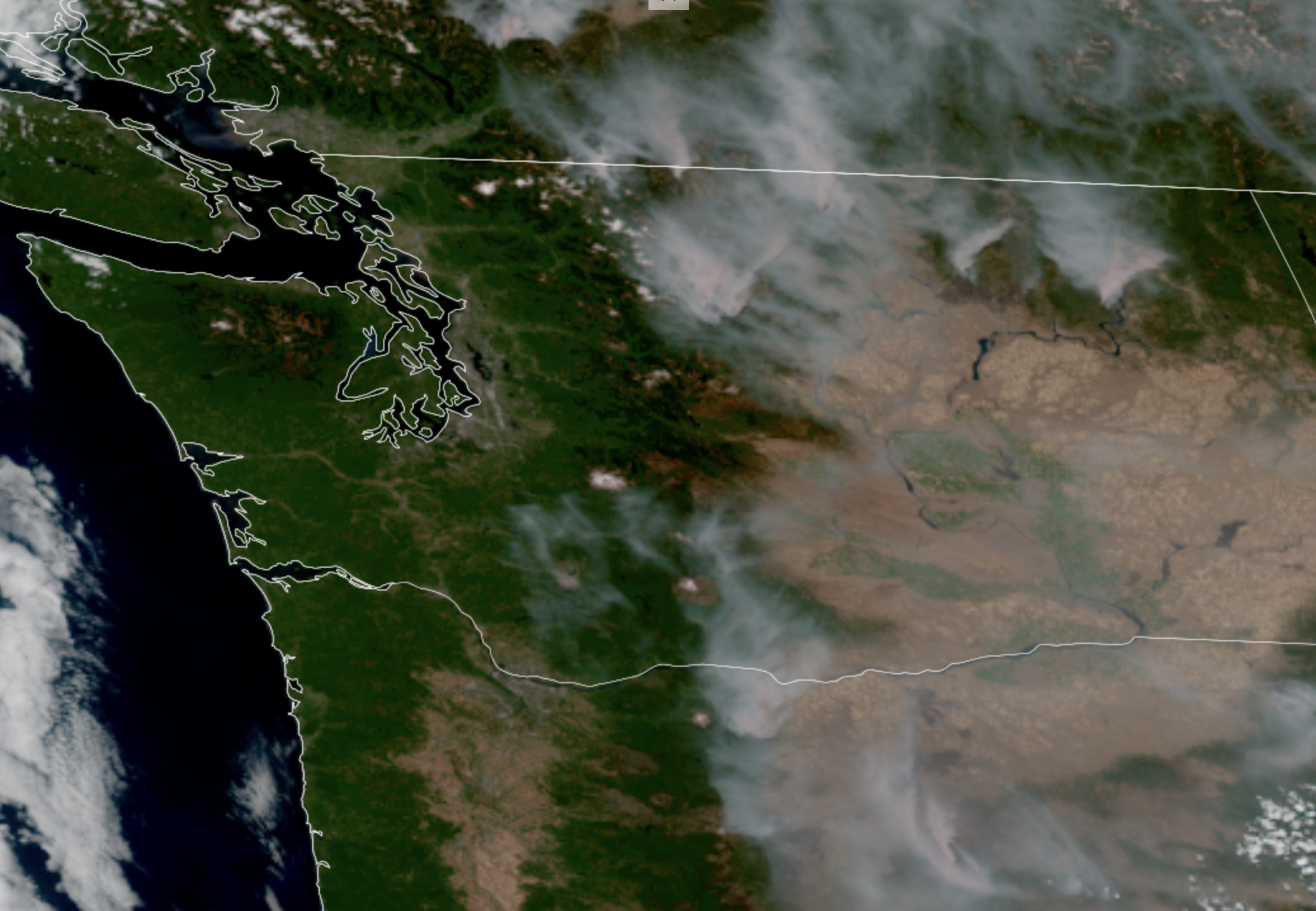 GOES-18 satellite image from July 31, 2026 showing wildfires and their smoke burning in Eastern Washington.