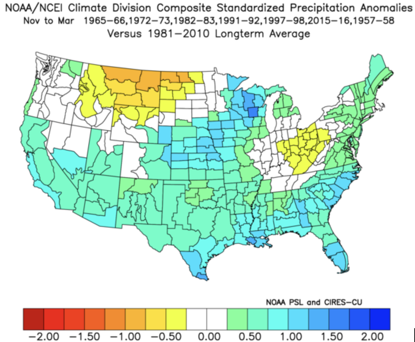 El Nino Precipitation Anomalies (NOAA map via Washington State Climatology Office)