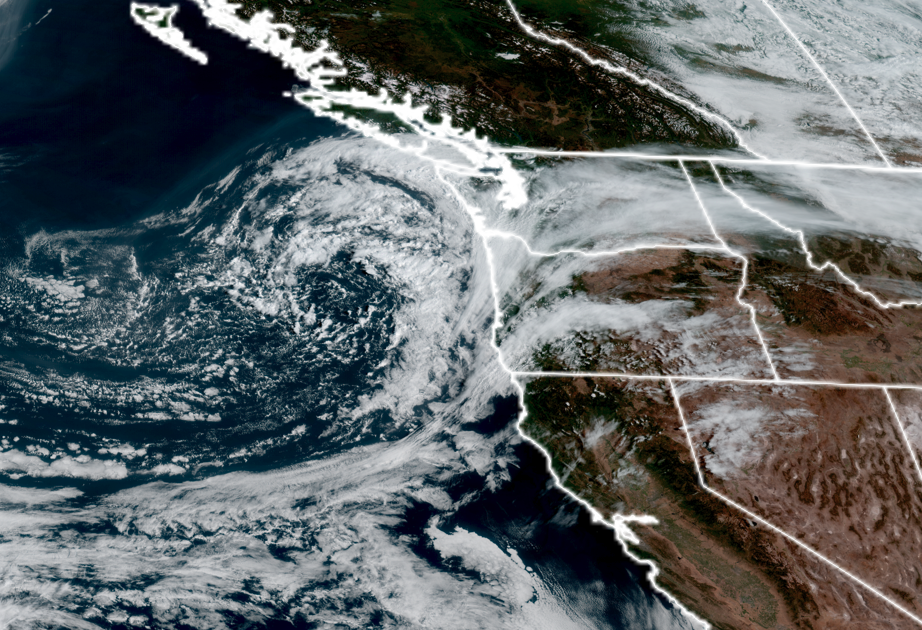 GOES-18 satellite image of large area of low pressure heading into the Pacific Northwest on Sept. 12, 2026. (NOAA/ CIRA/ RAAM-B)