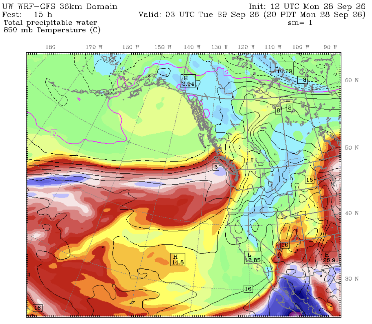 UW WRF-GFS model illustrating tropical fetch of moisture inbound "atmospheric river" has for Tuesday.