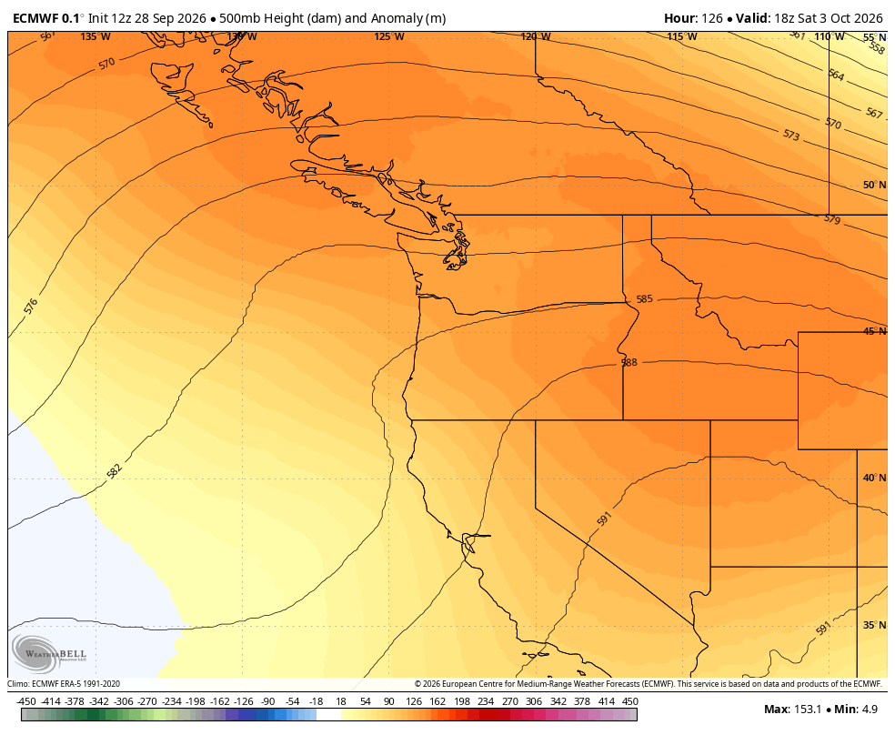 ECMWF showing warm ridging over the Pacific Northwest this weekend. 
