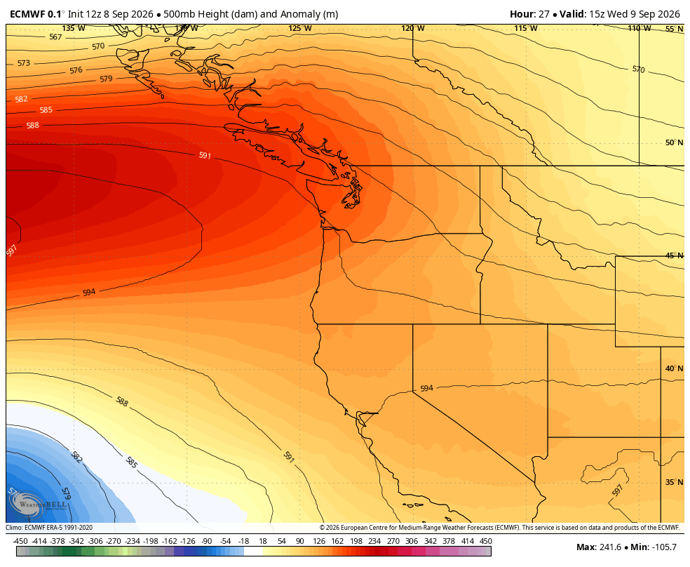 ECMWF model run showing warm, high pressure over the Pacific Northwest for Wednesday.