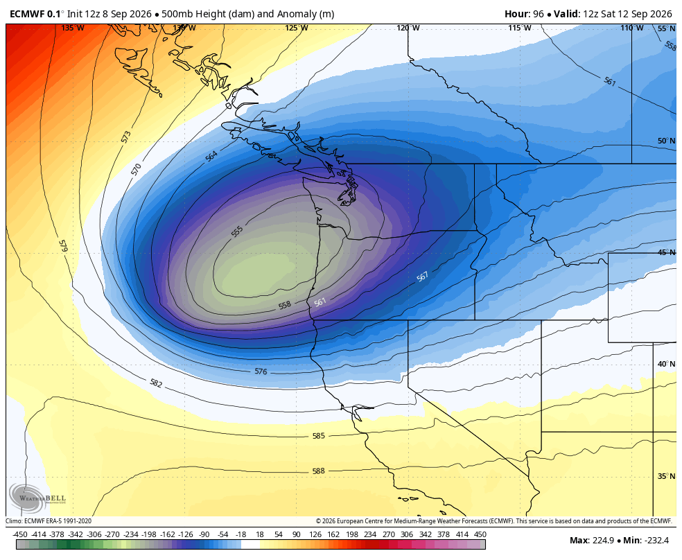 ECMWF model run showing another trough of low pressure over the Pacific Northwest for the weekend.